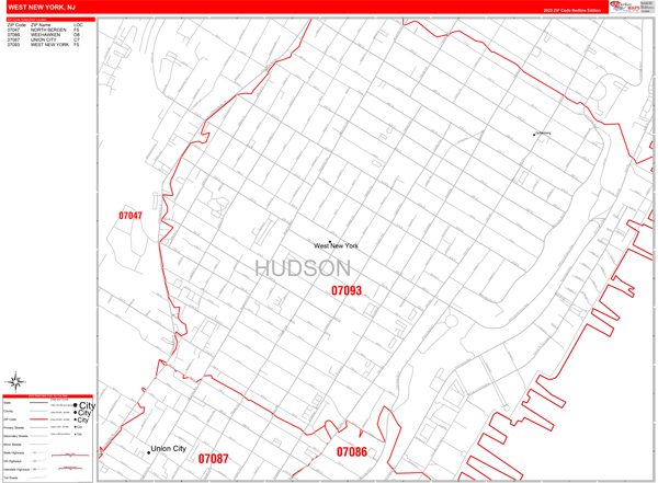 West New York City Digital Map Red Line Style
